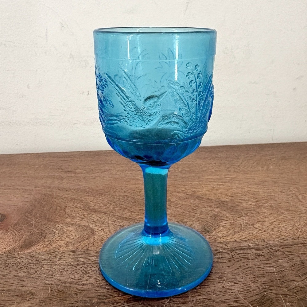 Vintage Blue Hummingbird Glass Mini Goblet Cordial Stemmed Glass 4 Inch Floral